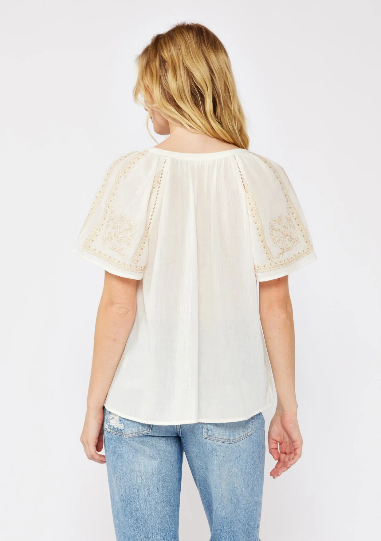 Embroidered Raglan Short Sleeve Split Neck Top