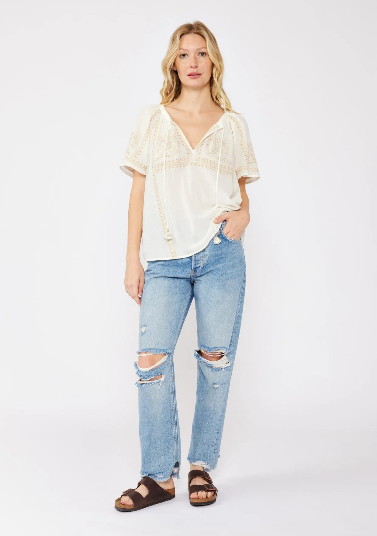 Embroidered Raglan Short Sleeve Split Neck Top