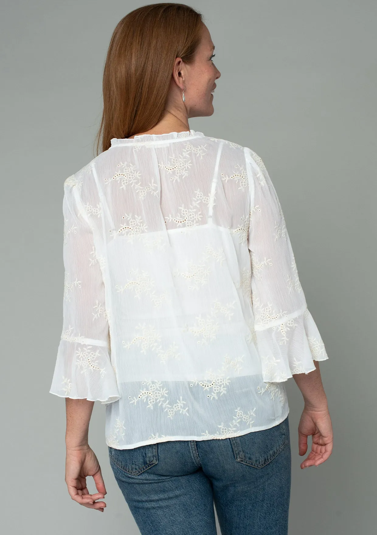 Embroidered Sheer 3/4 Flutter Sleeve Blouse