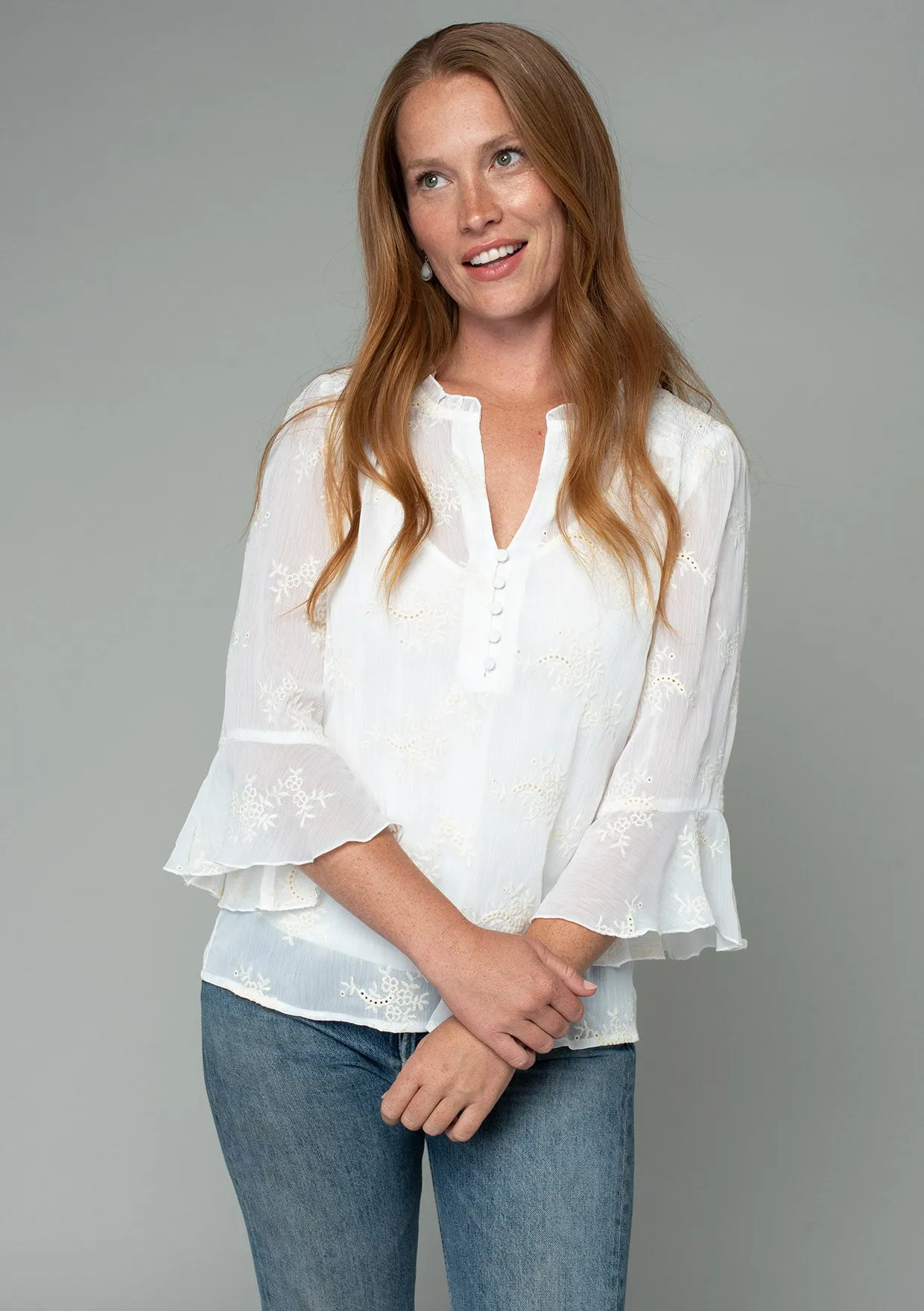 Embroidered Sheer 3/4 Flutter Sleeve Blouse