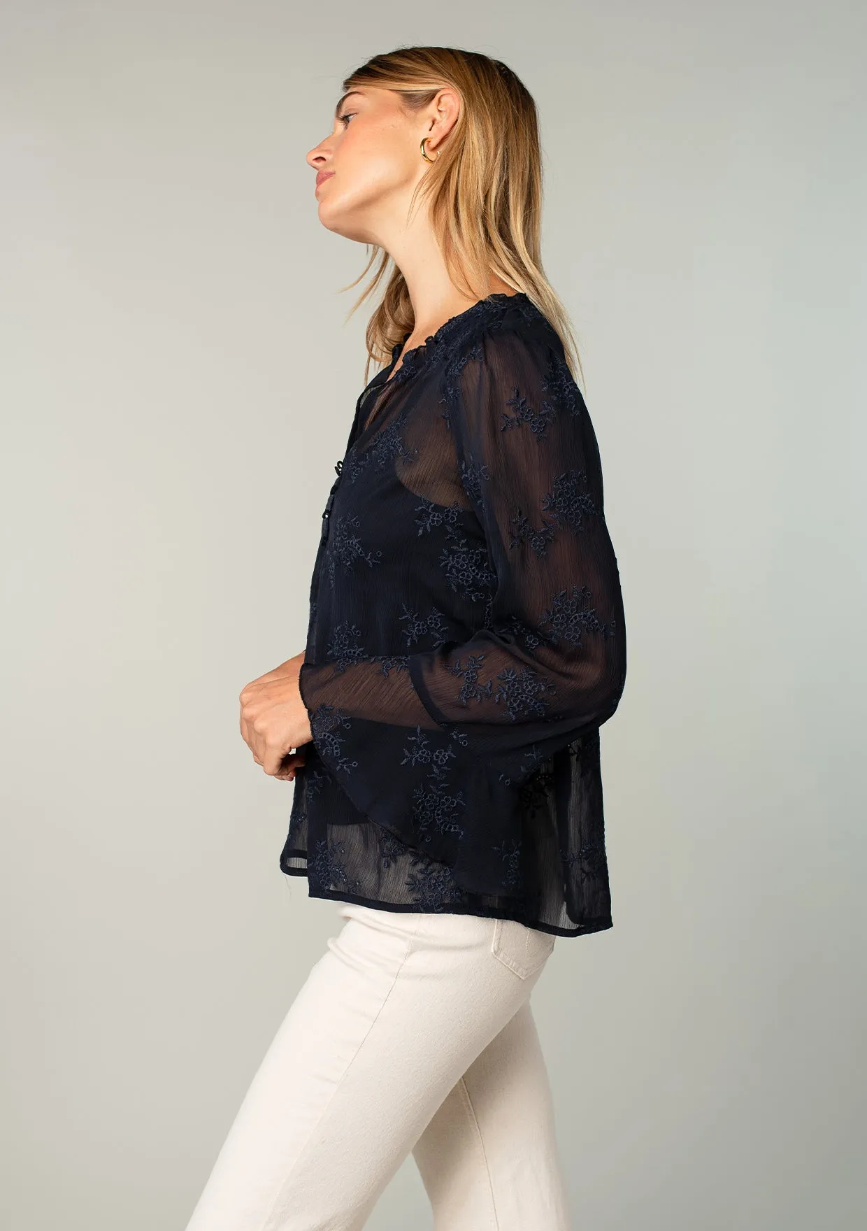 Embroidered Sheer 3/4 Flutter Sleeve Blouse