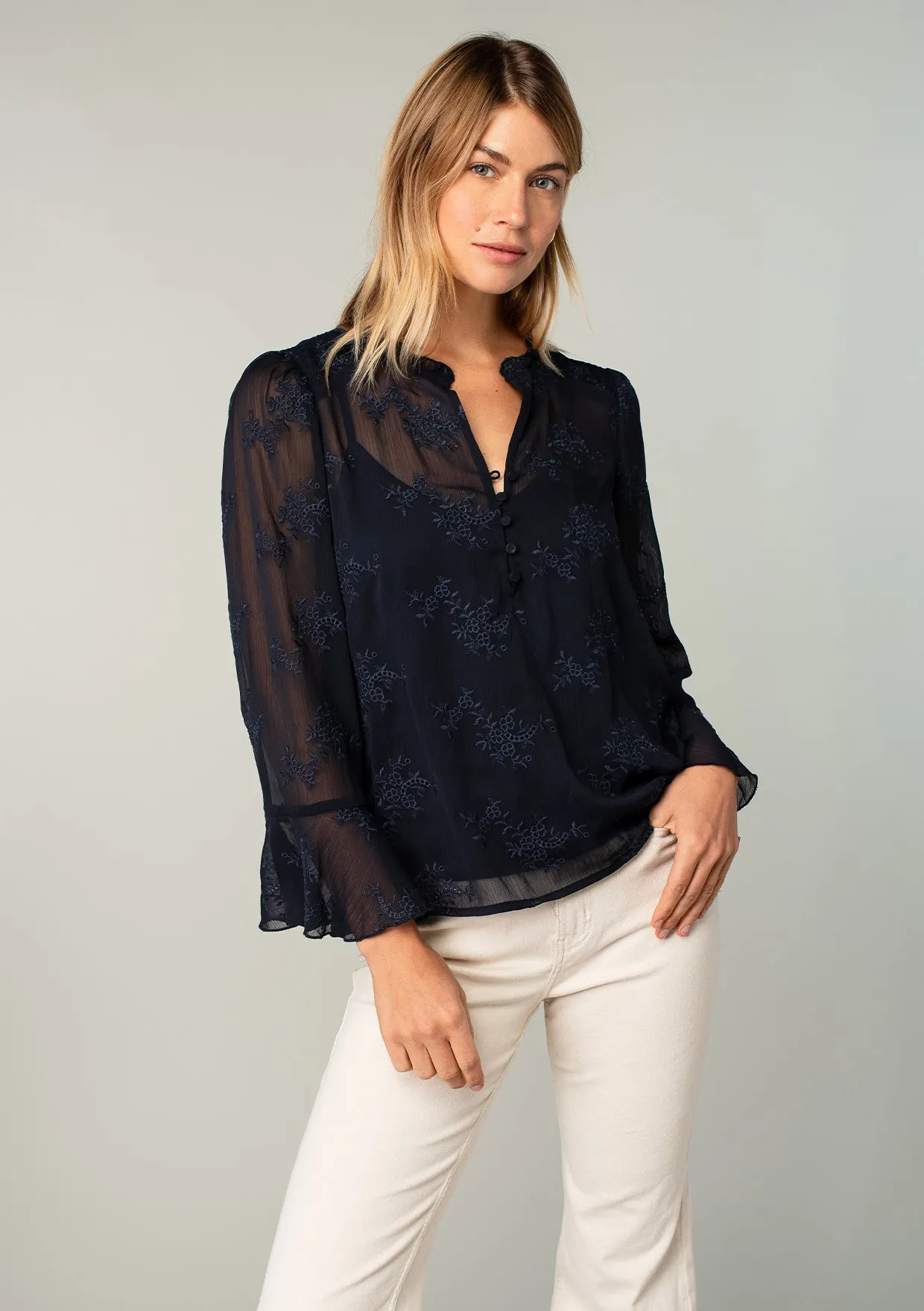Embroidered Sheer 3/4 Flutter Sleeve Blouse
