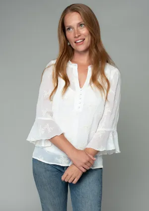 Embroidered Sheer 3/4 Flutter Sleeve Blouse