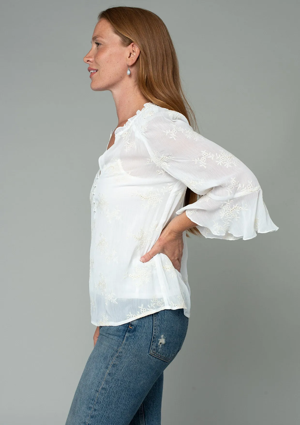 Embroidered Sheer 3/4 Flutter Sleeve Blouse
