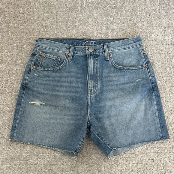 Etica “Skylar High-Rise Cutoff” Jean Shorts raw hem edge distressed denim