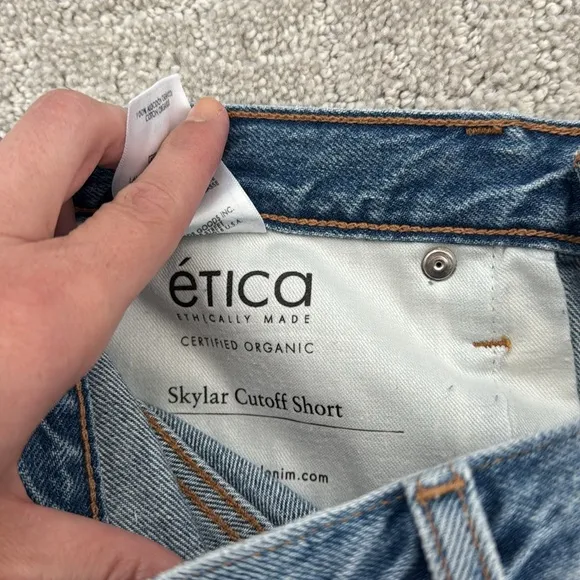 Etica “Skylar High-Rise Cutoff” Jean Shorts raw hem edge distressed denim