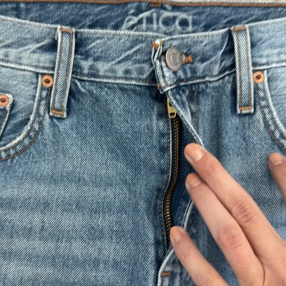 Etica “Skylar High-Rise Cutoff” Jean Shorts raw hem edge distressed denim