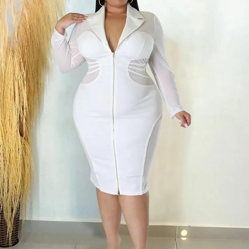 Fashion Shirt Collar Zipper Long Sleeve Dress