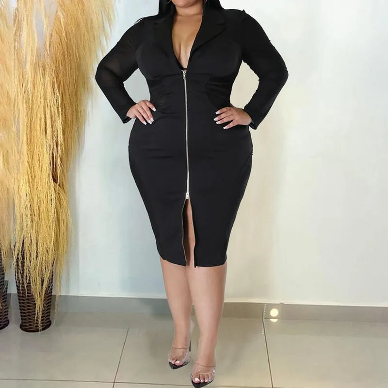 Fashion Shirt Collar Zipper Long Sleeve Dress