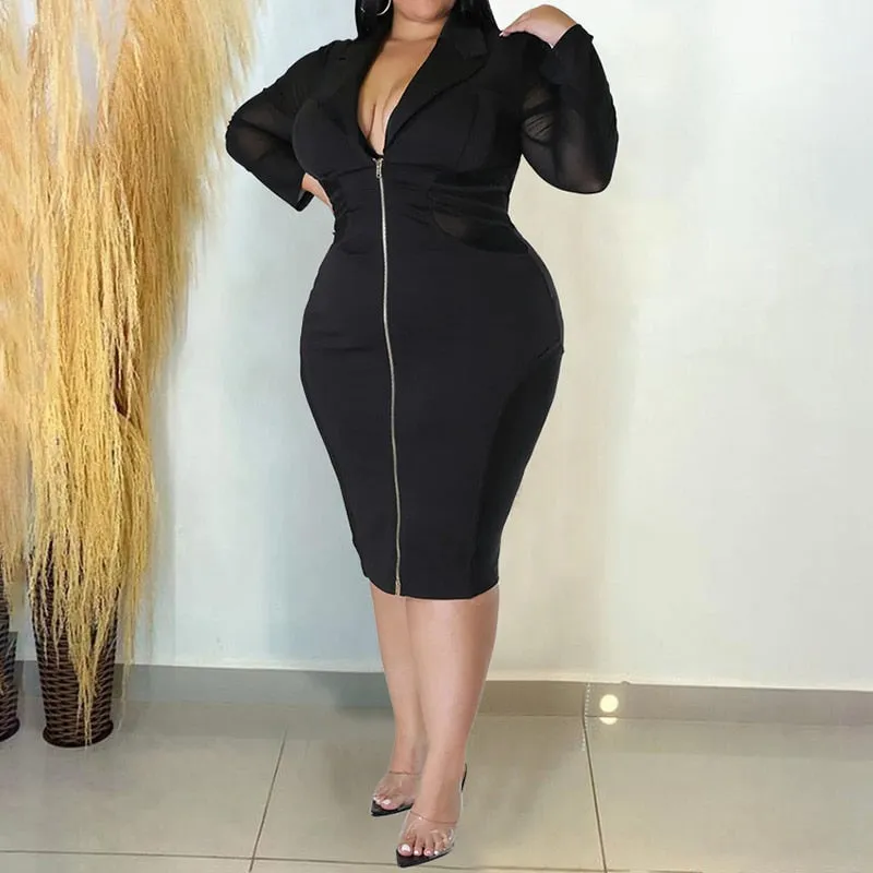 Fashion Shirt Collar Zipper Long Sleeve Dress