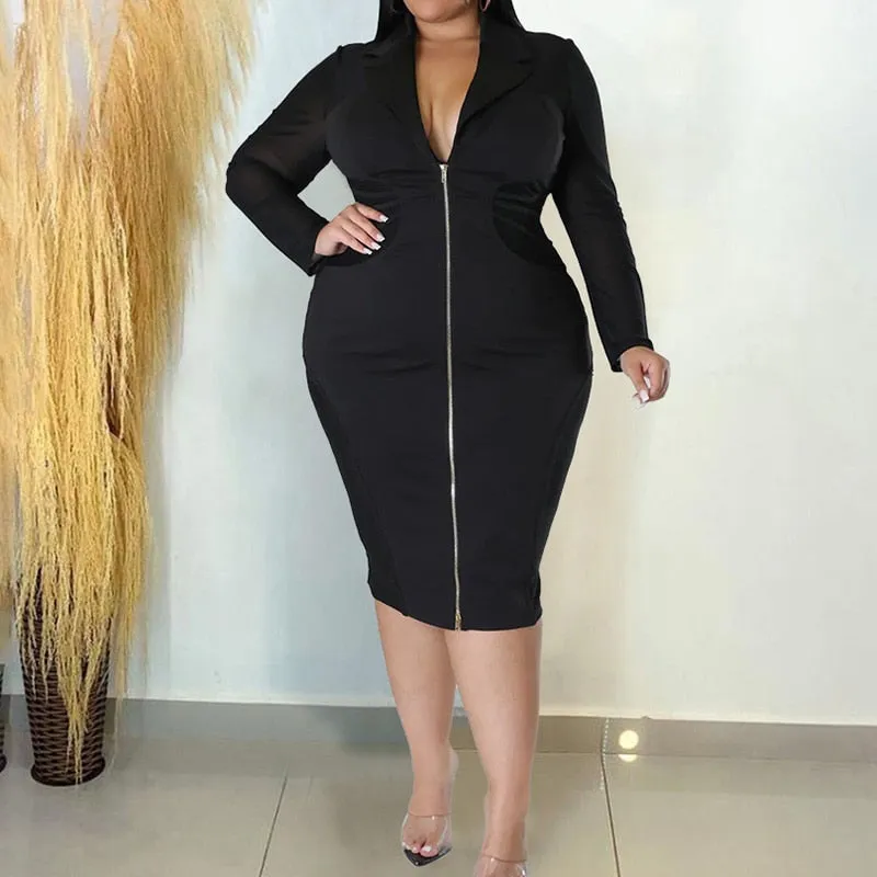 Fashion Shirt Collar Zipper Long Sleeve Dress