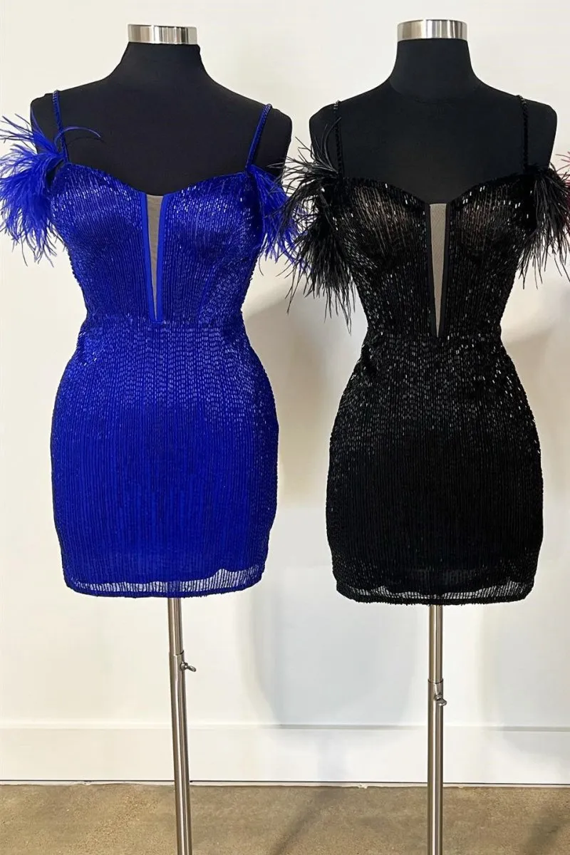 Feather Sleeve Beaded Short Homecoming Dresses