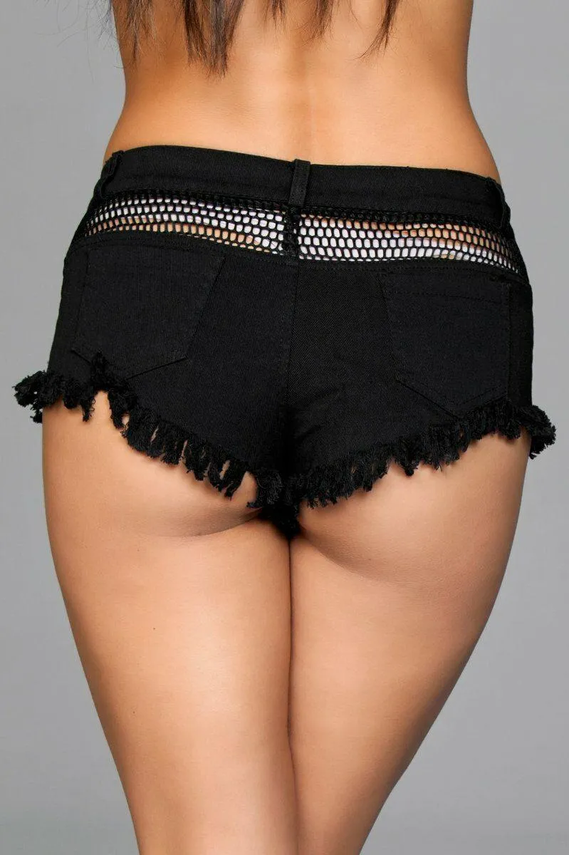 Fishnet Trim Denim Shorts