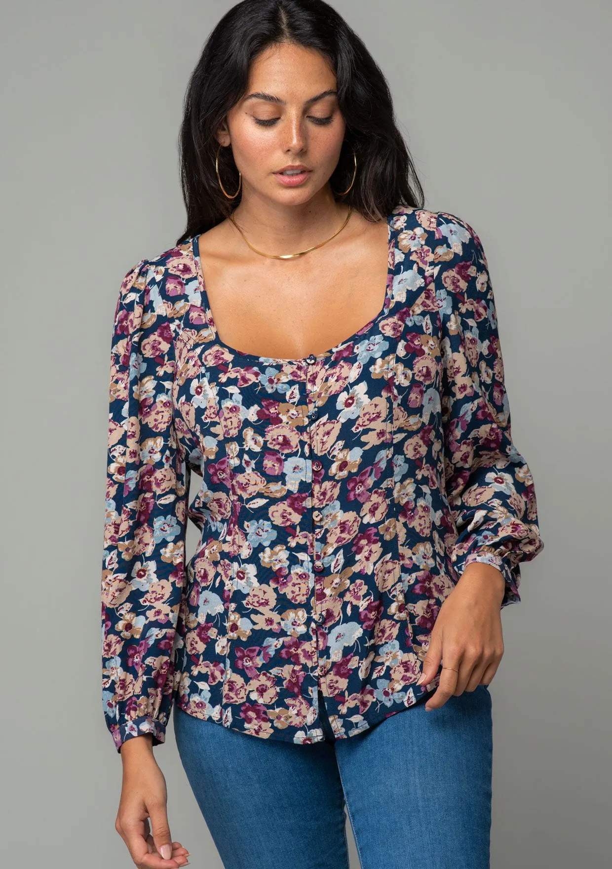 Floral 3/4 Sleeve Button Front Blouse