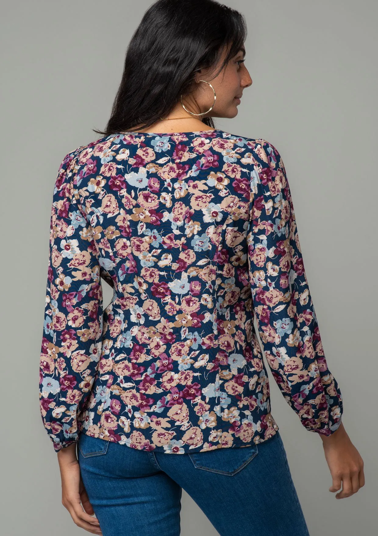 Floral 3/4 Sleeve Button Front Blouse