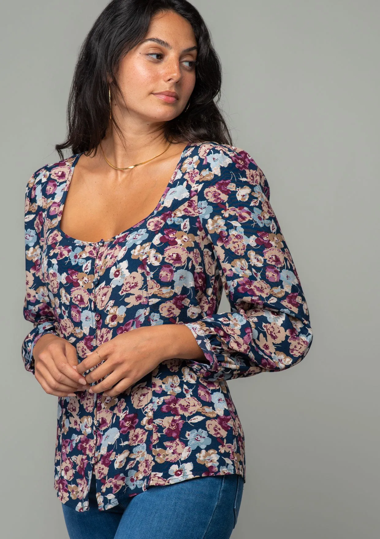 Floral 3/4 Sleeve Button Front Blouse