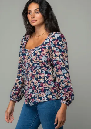 Floral 3/4 Sleeve Button Front Blouse