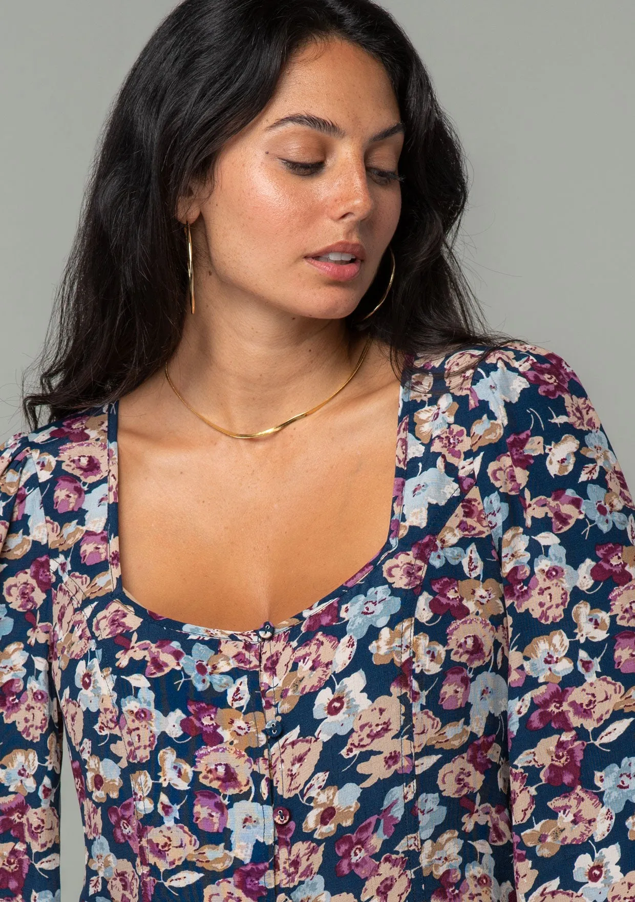 Floral 3/4 Sleeve Button Front Blouse