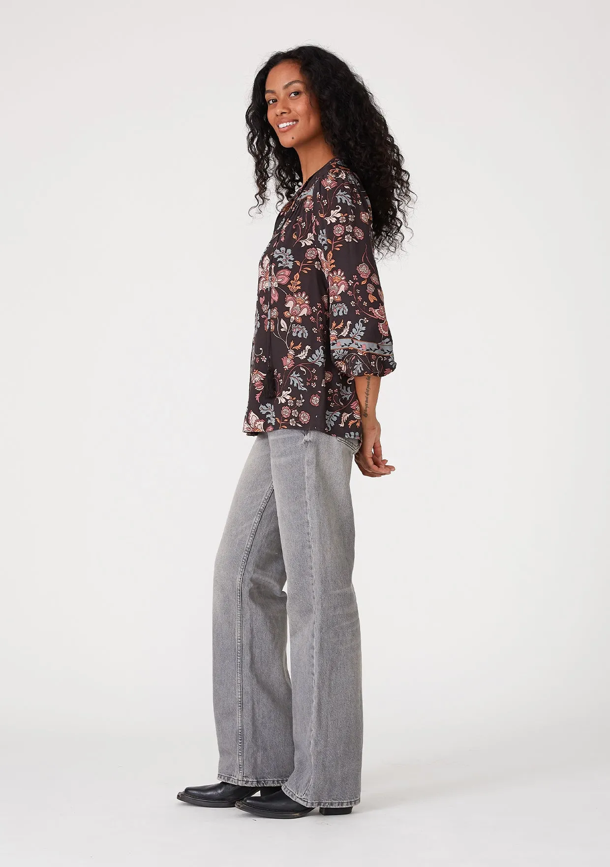 Floral 3/4 Sleeve Tie Neck Button Down Blouse