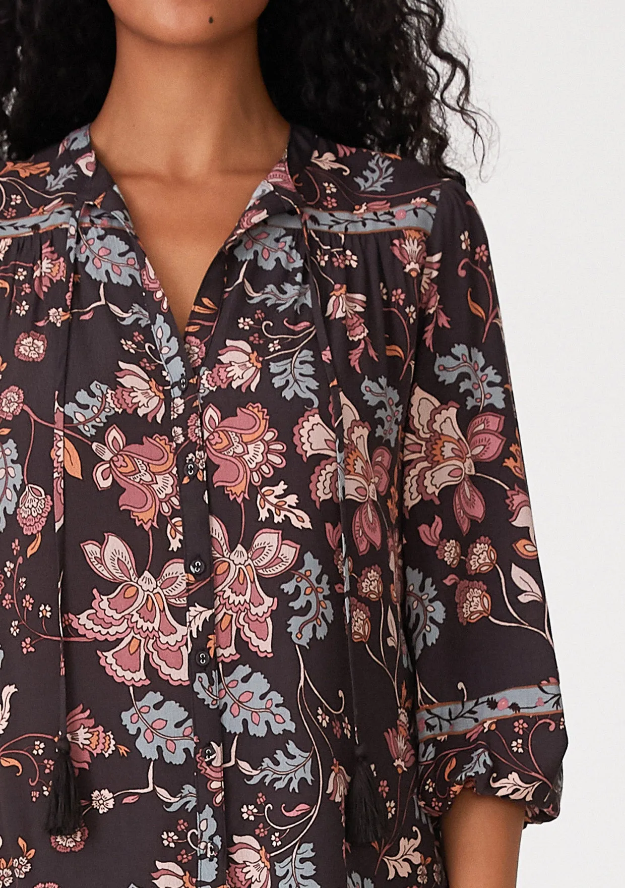 Floral 3/4 Sleeve Tie Neck Button Down Blouse