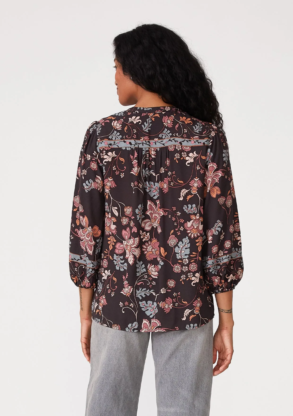 Floral 3/4 Sleeve Tie Neck Button Down Blouse