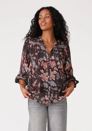 Floral 3/4 Sleeve Tie Neck Button Down Blouse