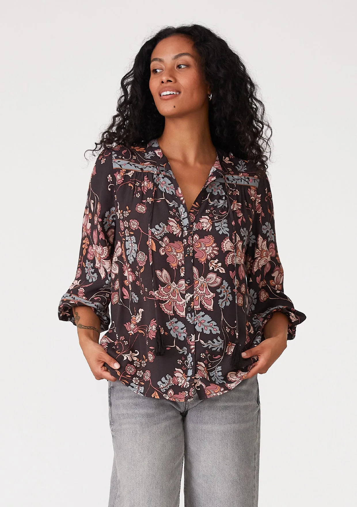 Floral 3/4 Sleeve Tie Neck Button Down Blouse