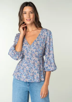 Floral 3/4 Sleeve V Neck Peplum Top