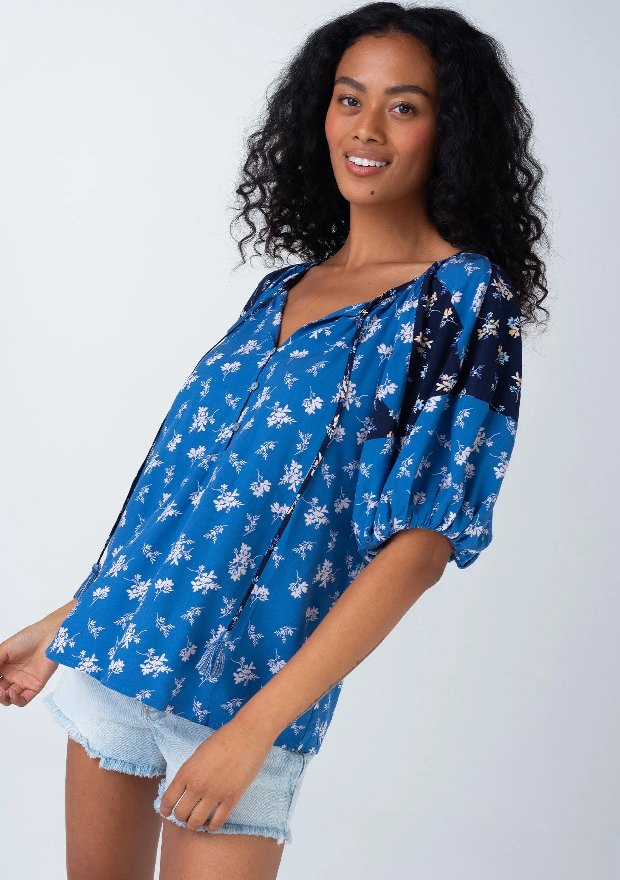 Floral Balloon Sleeve Tassel Tie Neck Blouse