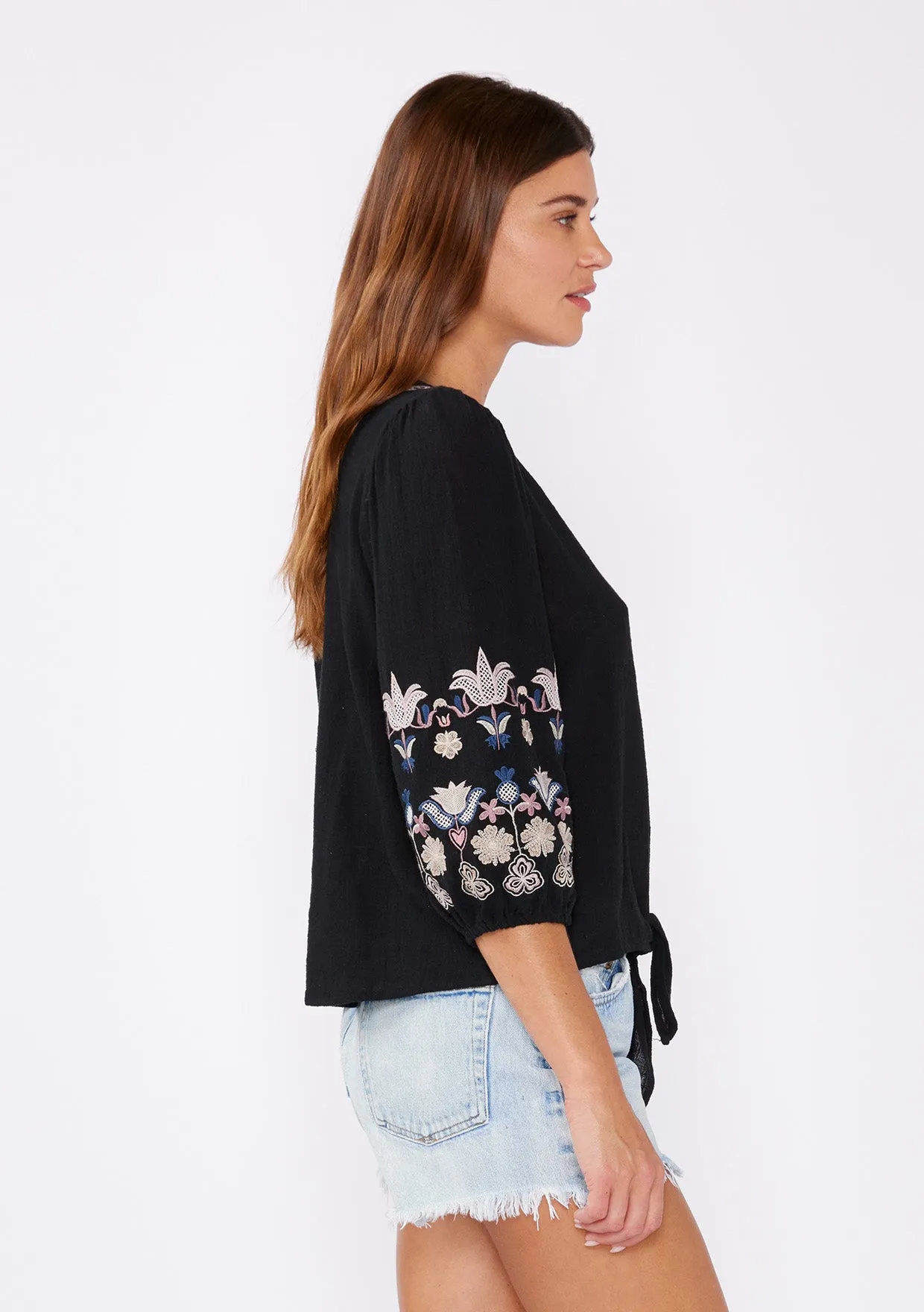 Floral Embroidered 3/4 Sleeve Tie Front Top