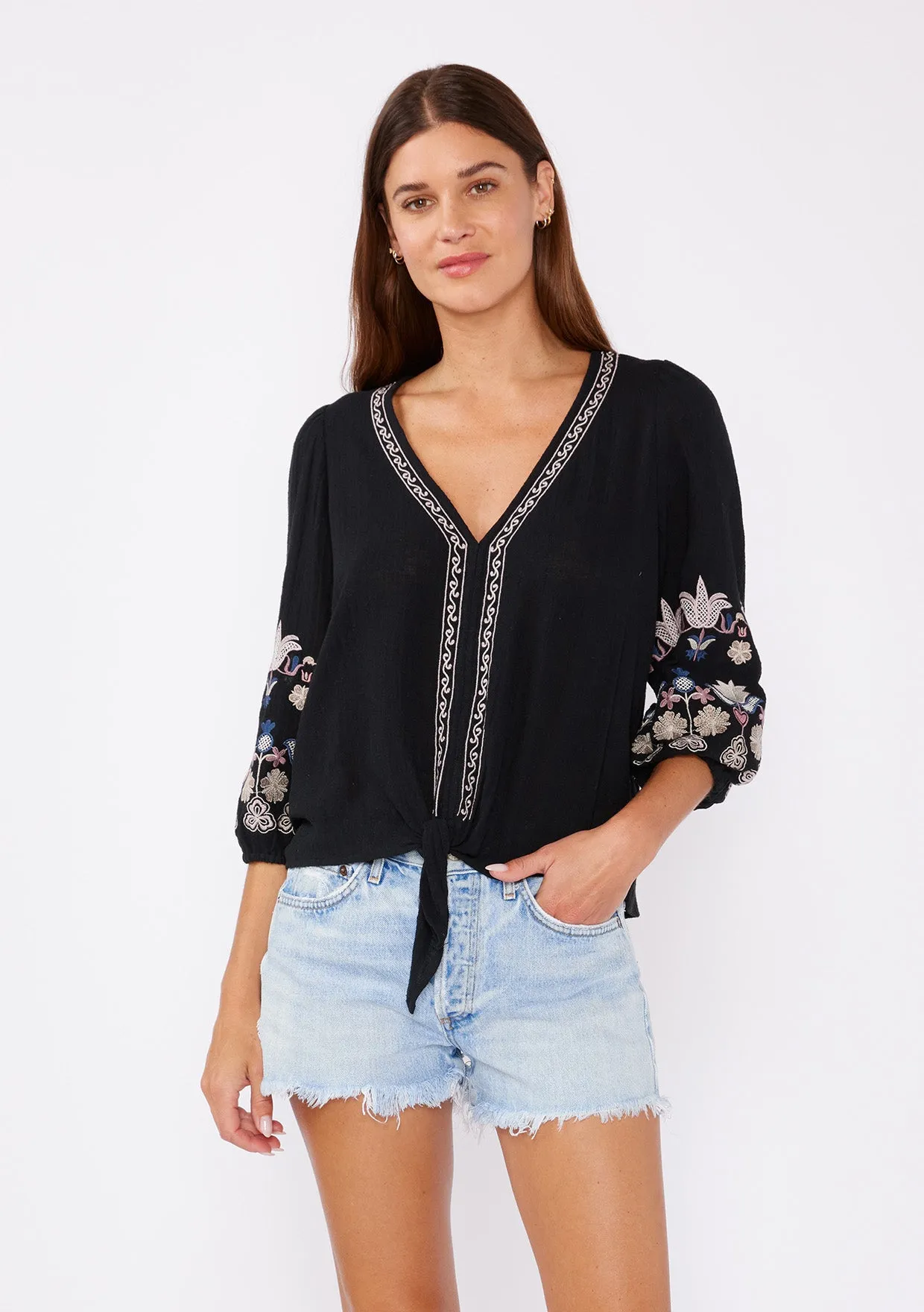 Floral Embroidered 3/4 Sleeve Tie Front Top