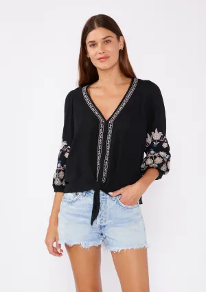 Floral Embroidered 3/4 Sleeve Tie Front Top