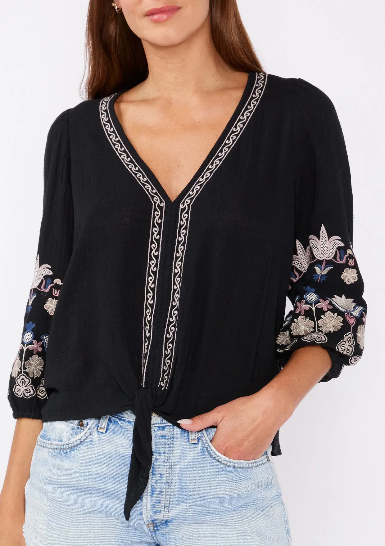 Floral Embroidered 3/4 Sleeve Tie Front Top