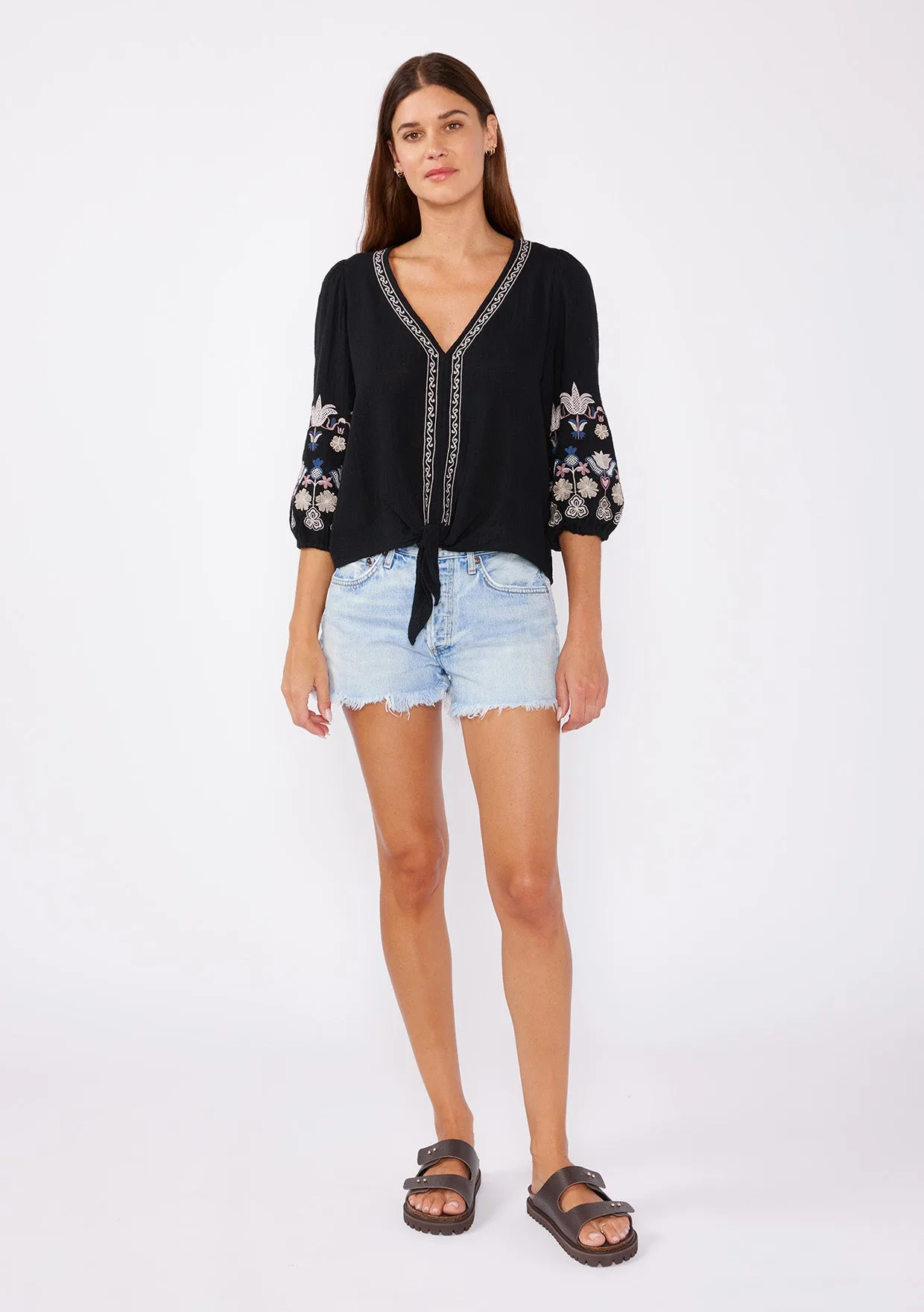 Floral Embroidered 3/4 Sleeve Tie Front Top