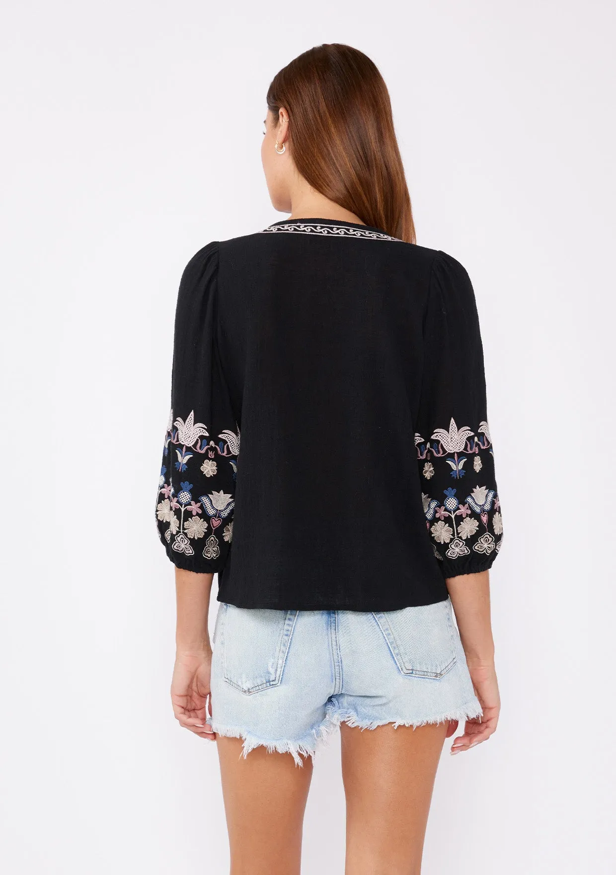 Floral Embroidered 3/4 Sleeve Tie Front Top