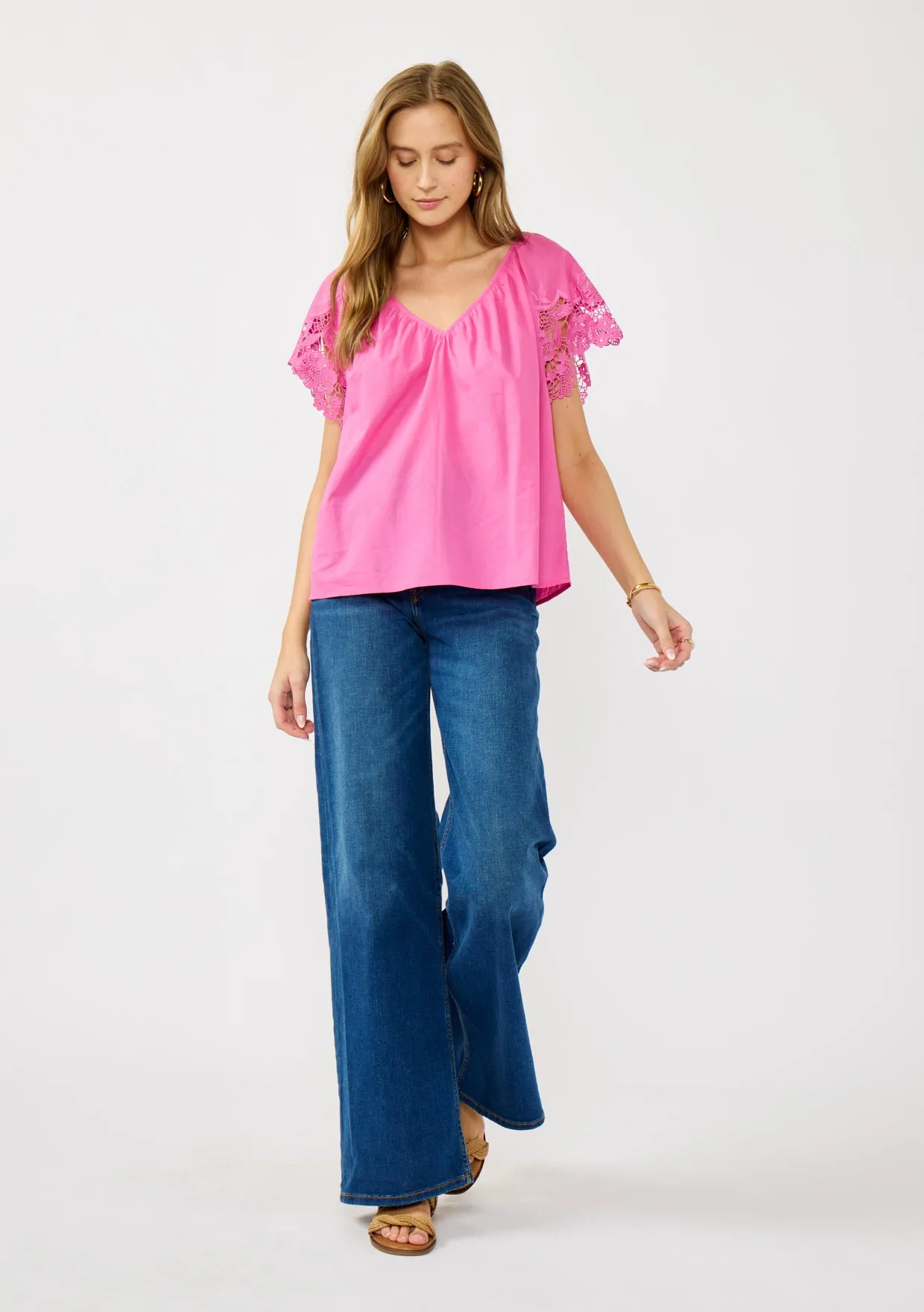Floral Embroidered V-Neck Lace Cutout Top