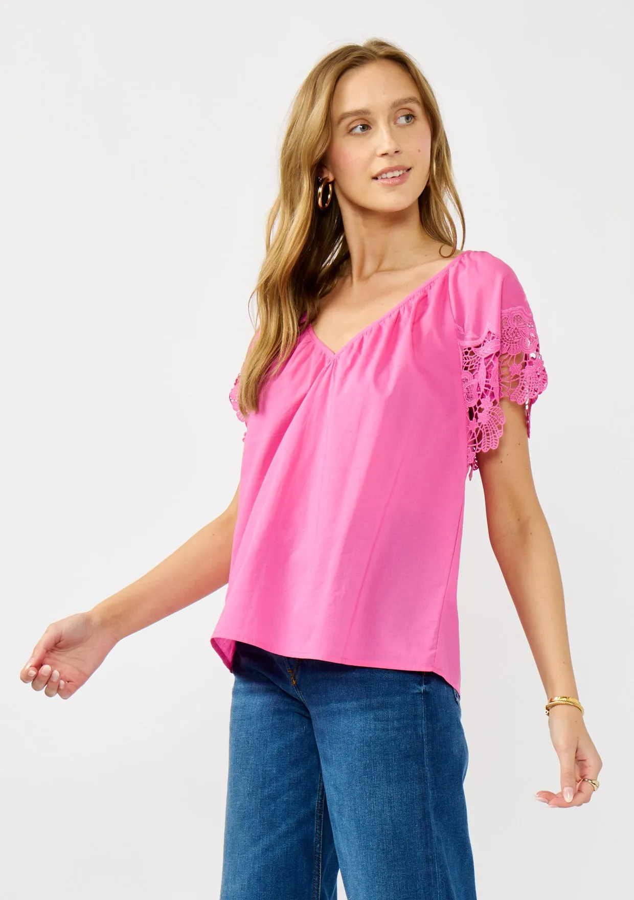 Floral Embroidered V-Neck Lace Cutout Top