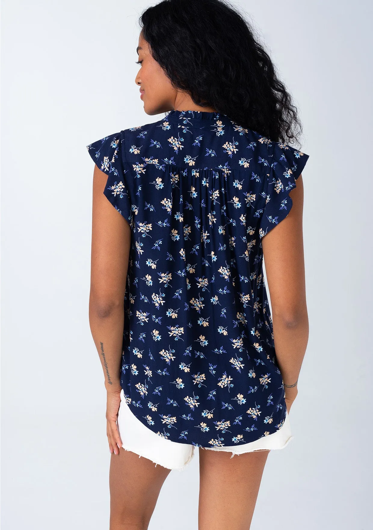 Floral Flutter Cap Sleeve Button Down Blouse