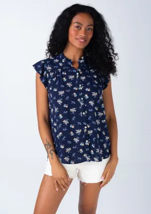 Floral Flutter Cap Sleeve Button Down Blouse