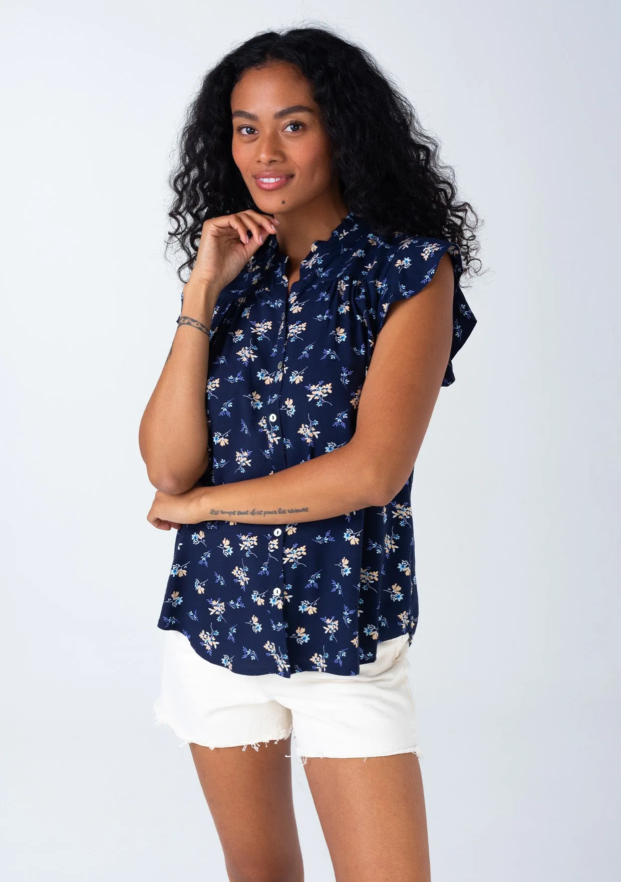 Floral Flutter Cap Sleeve Button Down Blouse