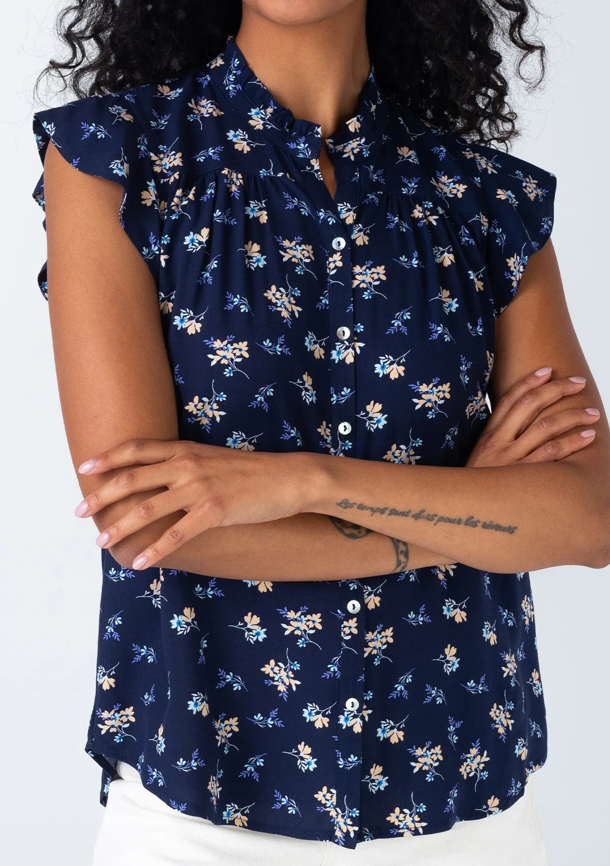 Floral Flutter Cap Sleeve Button Down Blouse