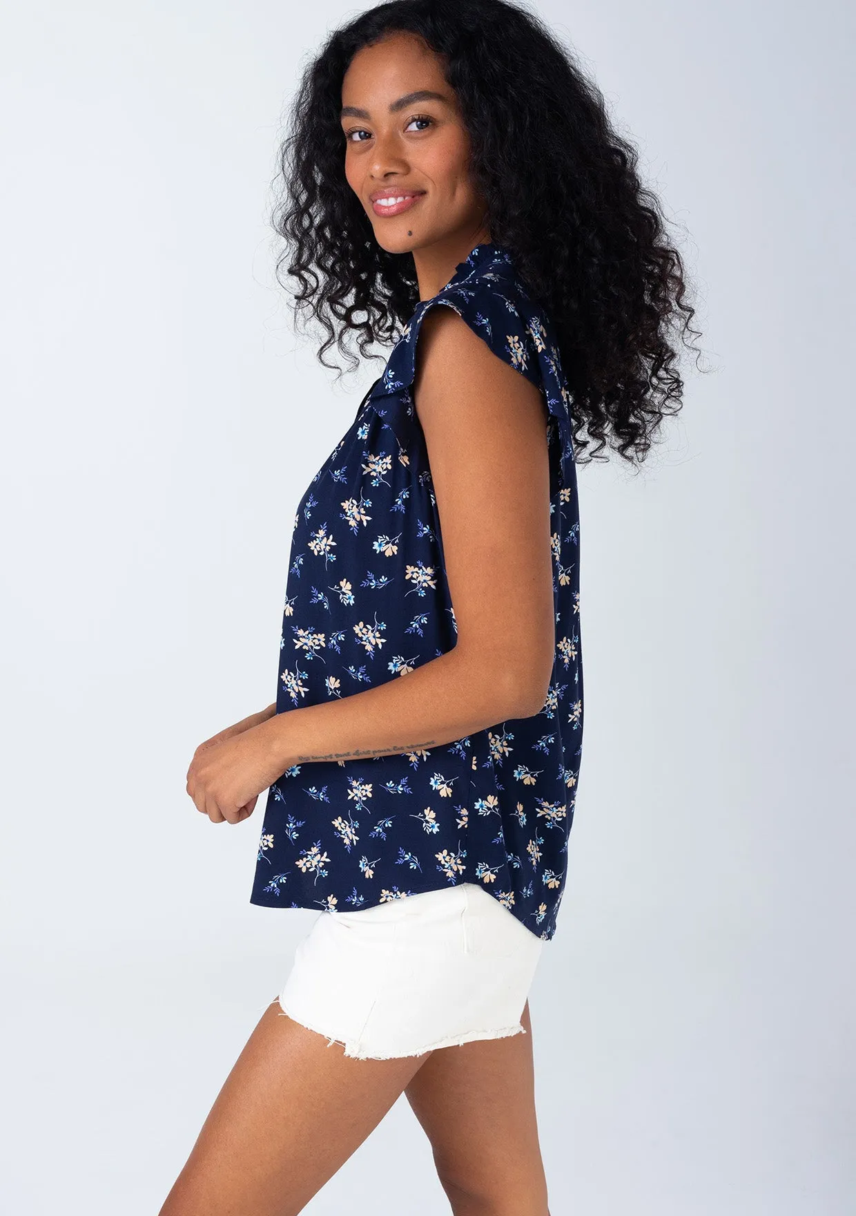 Floral Flutter Cap Sleeve Button Down Blouse