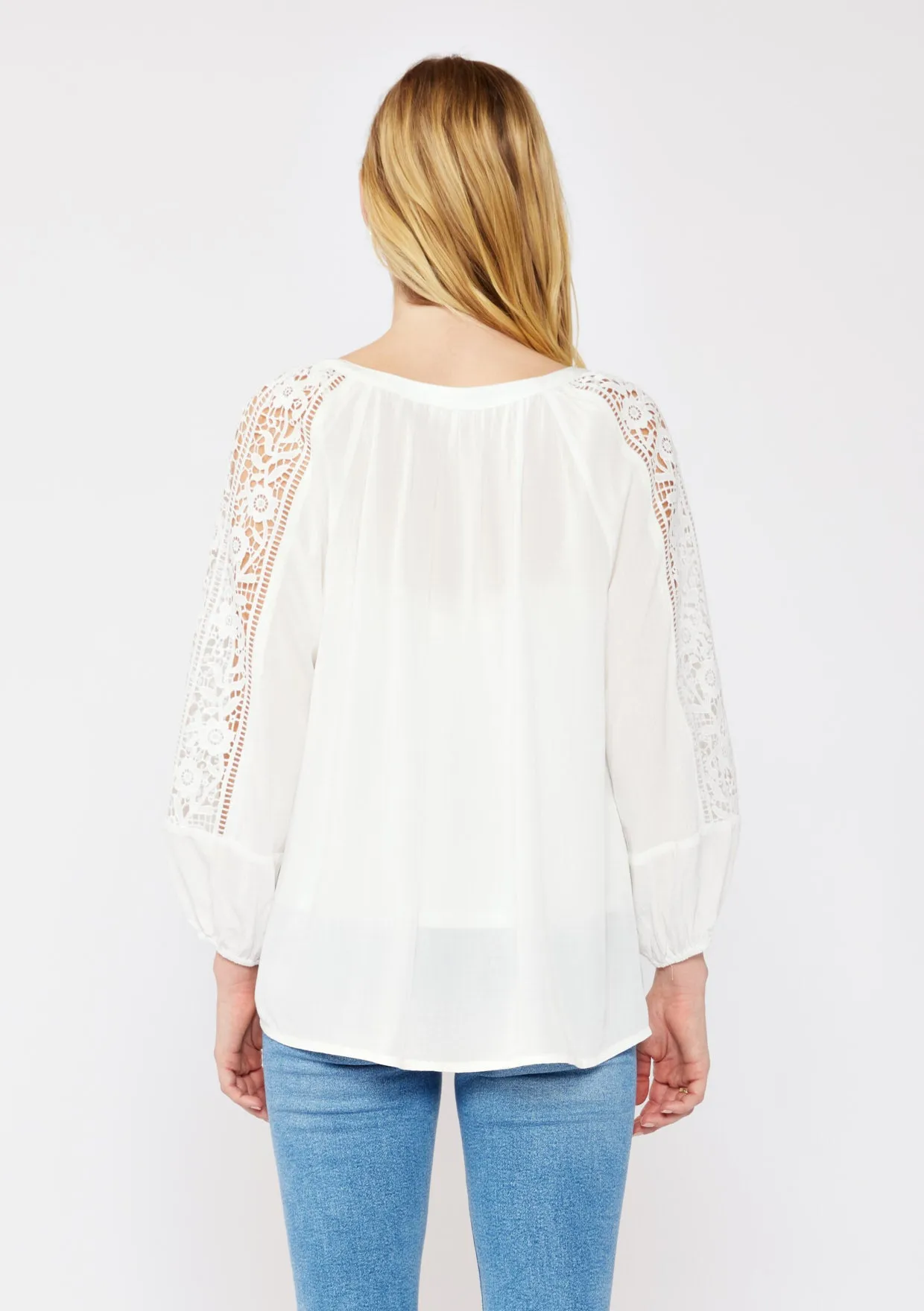 Floral Lace Trim 3/4 Sleeve Split Neck Top