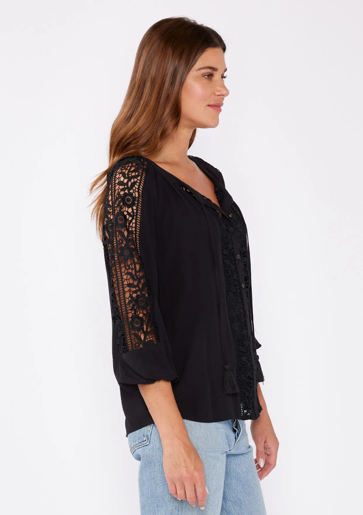 Floral Lace Trim 3/4 Sleeve Split Neck Top