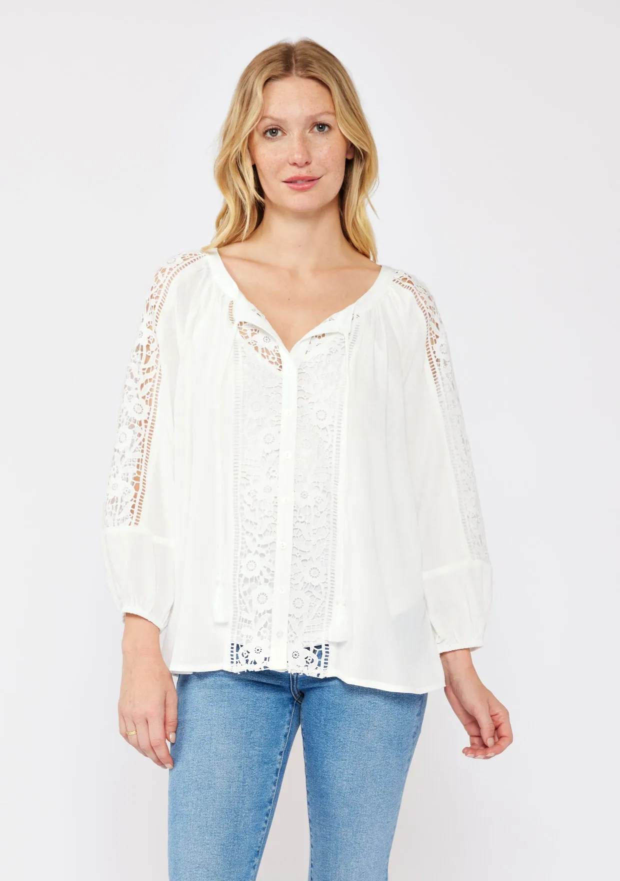Floral Lace Trim 3/4 Sleeve Split Neck Top