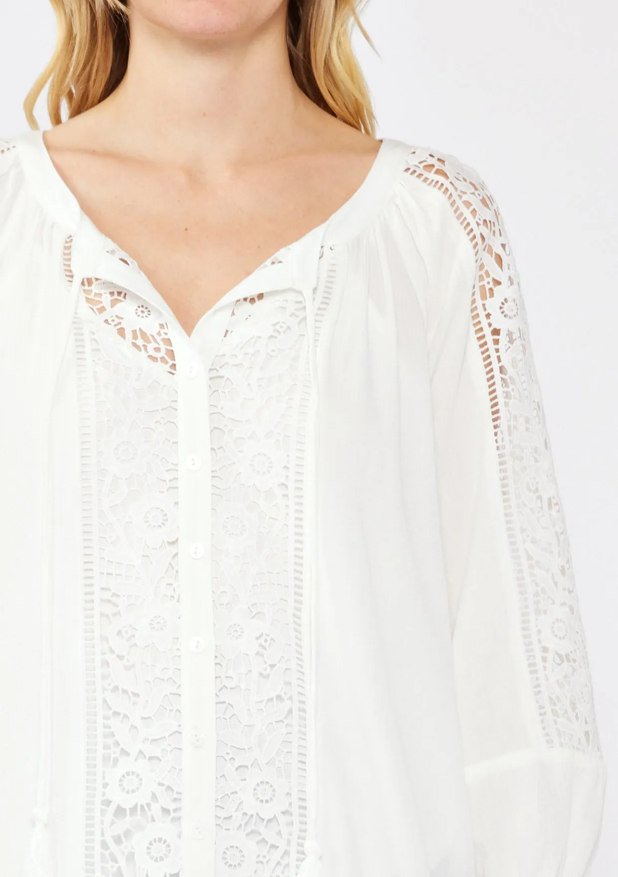 Floral Lace Trim 3/4 Sleeve Split Neck Top
