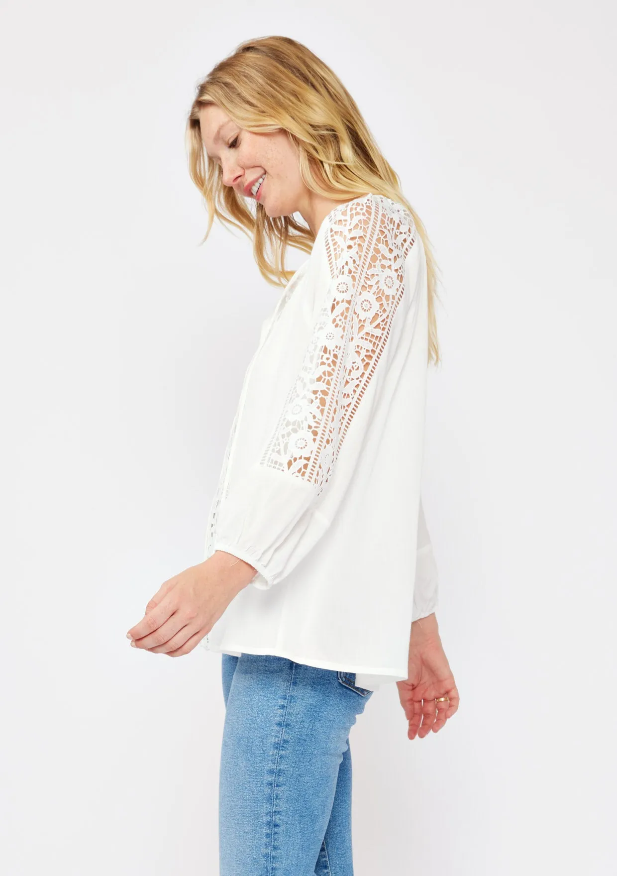 Floral Lace Trim 3/4 Sleeve Split Neck Top