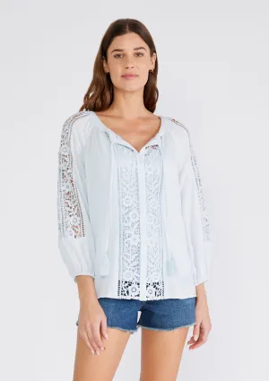 Floral Lace Trim 3/4 Sleeve Split Neck Top