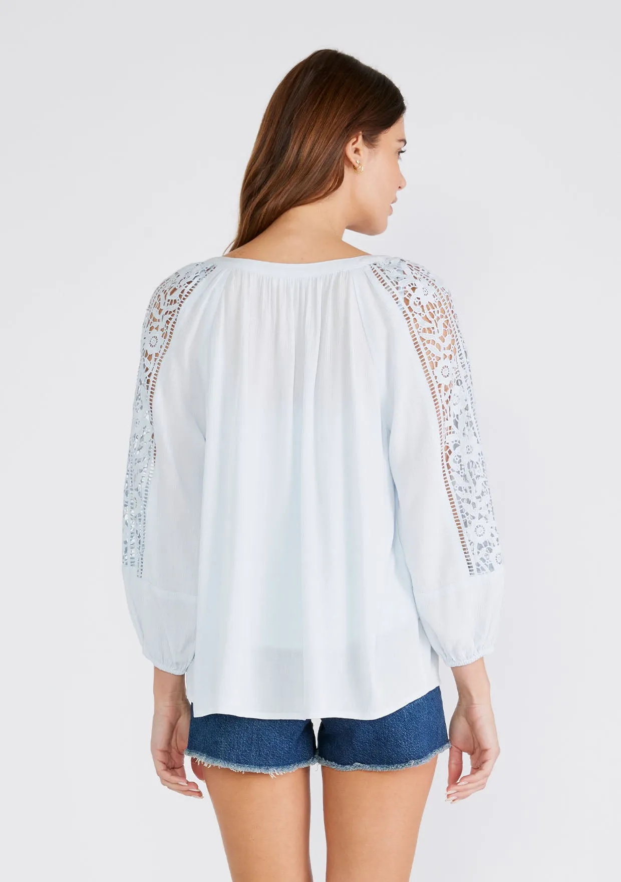 Floral Lace Trim 3/4 Sleeve Split Neck Top