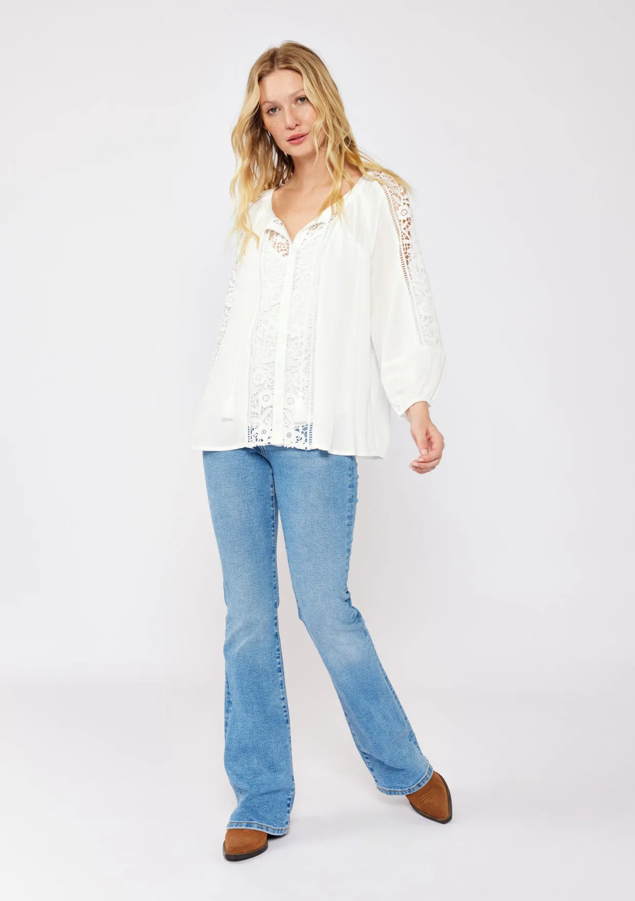 Floral Lace Trim 3/4 Sleeve Split Neck Top